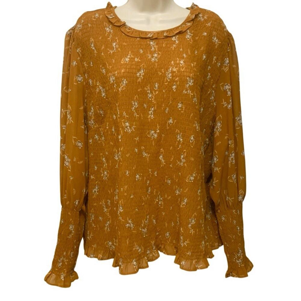 Terra & Sky Floral Smocked Blouse Burnt Orange Ruffle Cottagecore 3X 24W 26W